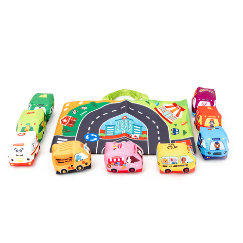 Montessori Soft Cloth Car Toy Set with Play Mat And 9 Vehicle For Baby