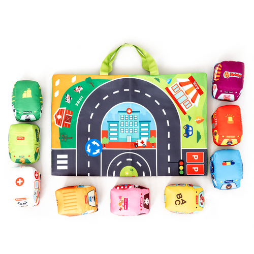 Montessori Soft Cloth Car Toy Set with Play Mat And 9 Vehicle For Baby