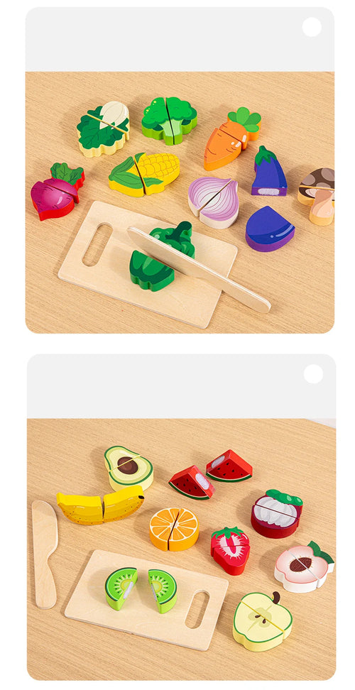 Montessori wooden fruits and desserts toy set.