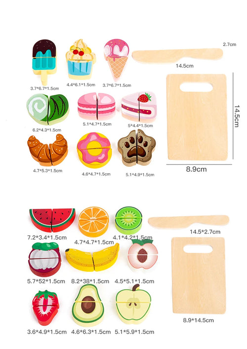 Montessori wooden fruit and cake toy set featuring colorful