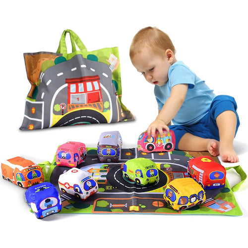 Montessori Soft Cloth Car Toy Set with Play Mat And 9 Vehicle For Baby