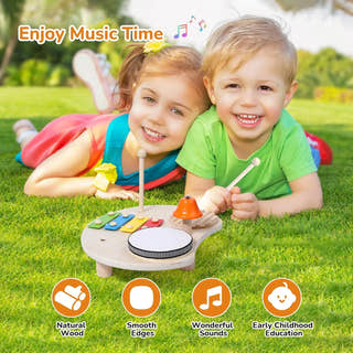 Vibrant Montessori wooden drum set for toddlers
